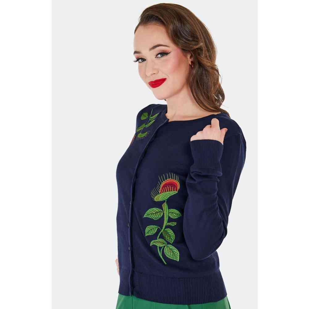 Voodoo Vixen - Venus Flytrap Embroidered Cardigan - Dark blue
